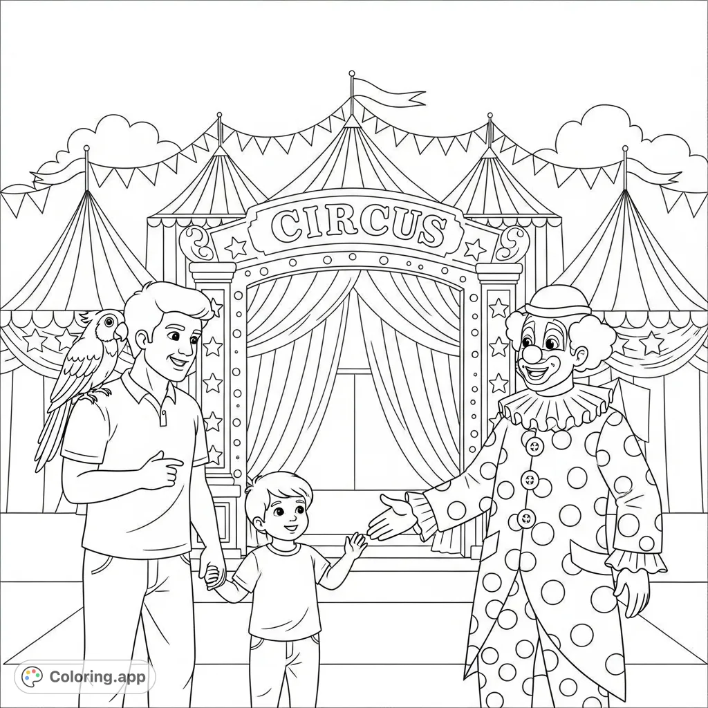 A child, parents, and their parrot discover a friendly clown at a grand circus entrance, ready for a day of wonder and excitement.