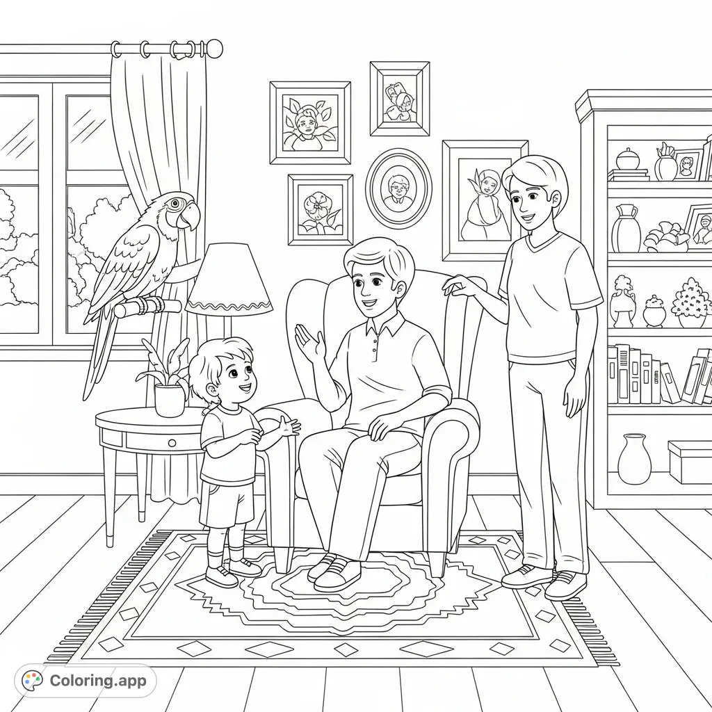 A heartwarming family scene featuring a child, parents, and their pet parrot in a cozy home. Perfect for a relaxing and engaging coloring experience.