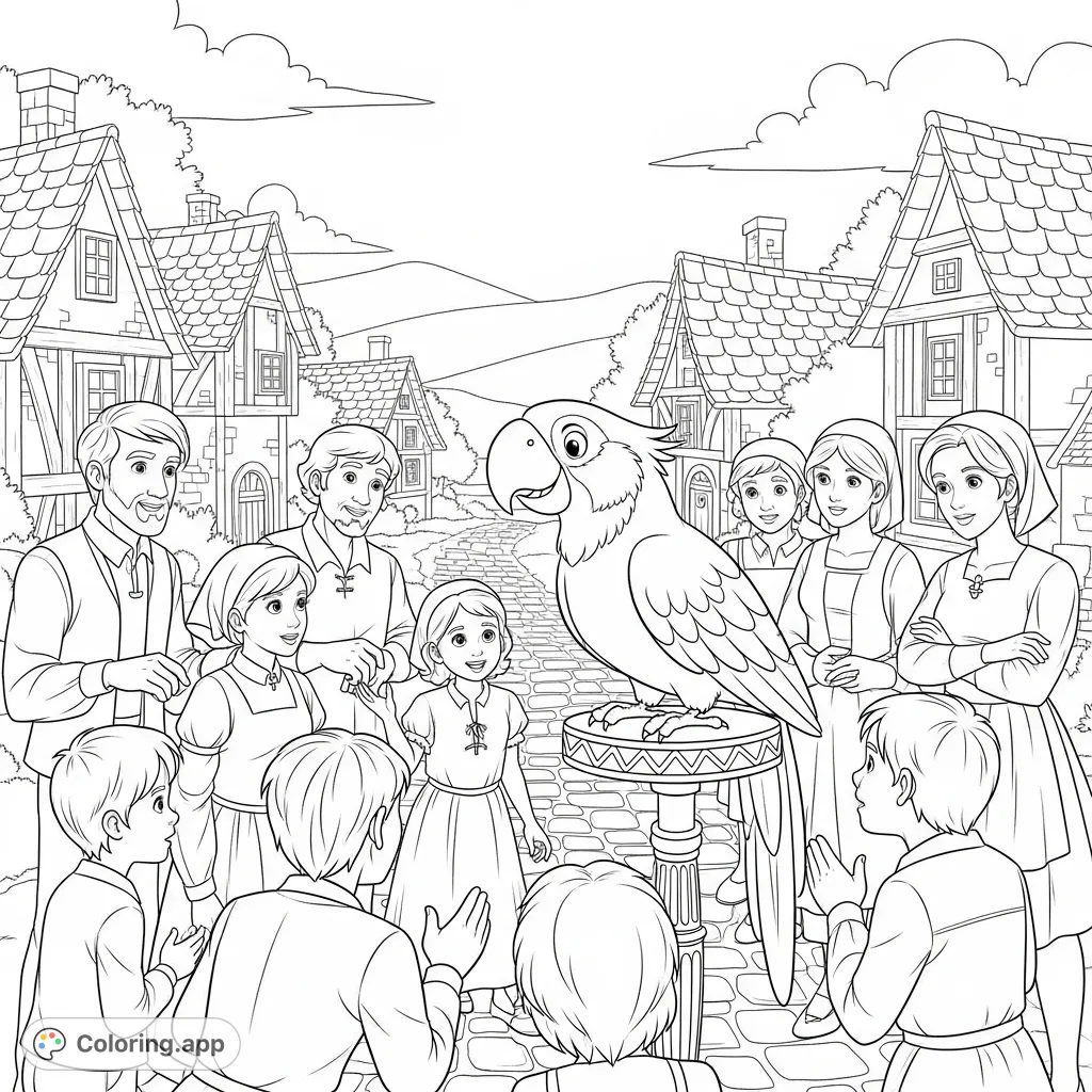 A charming village scene featuring a charismatic talking parrot captivating a crowd of curious villagers. A delightful free printable coloring page for all ages.