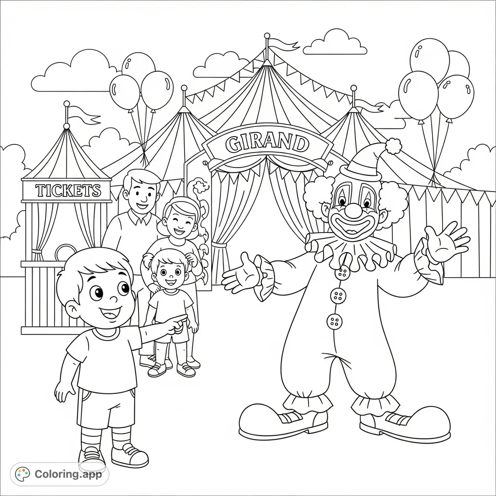 A child and family discover a friendly clown at a whimsical circus entrance, filled with joy and anticipation. A delightful scene for a fun coloring adventure!