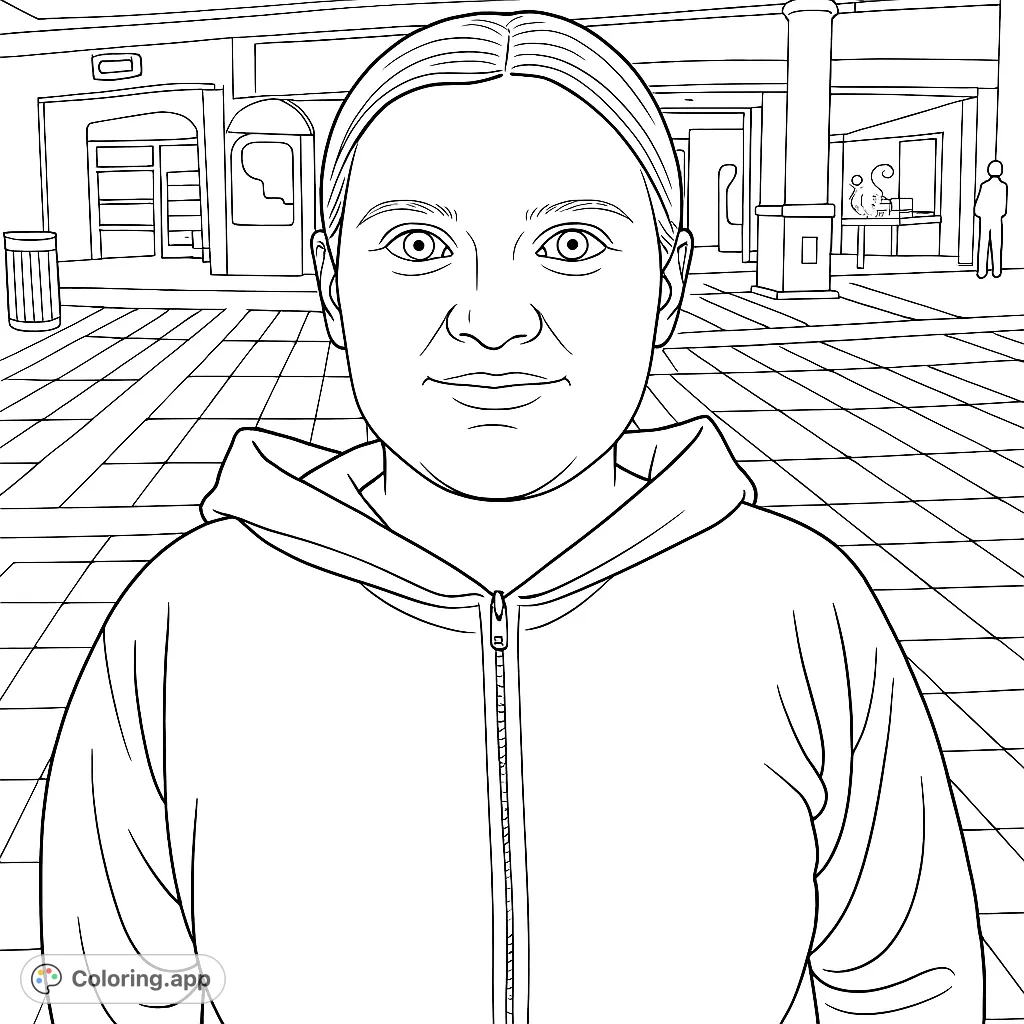 A woman in a hooded sweatshirt stands in a bustling mall, ready for your creative touch. Perfect for personalizing with unique patterns and shades.