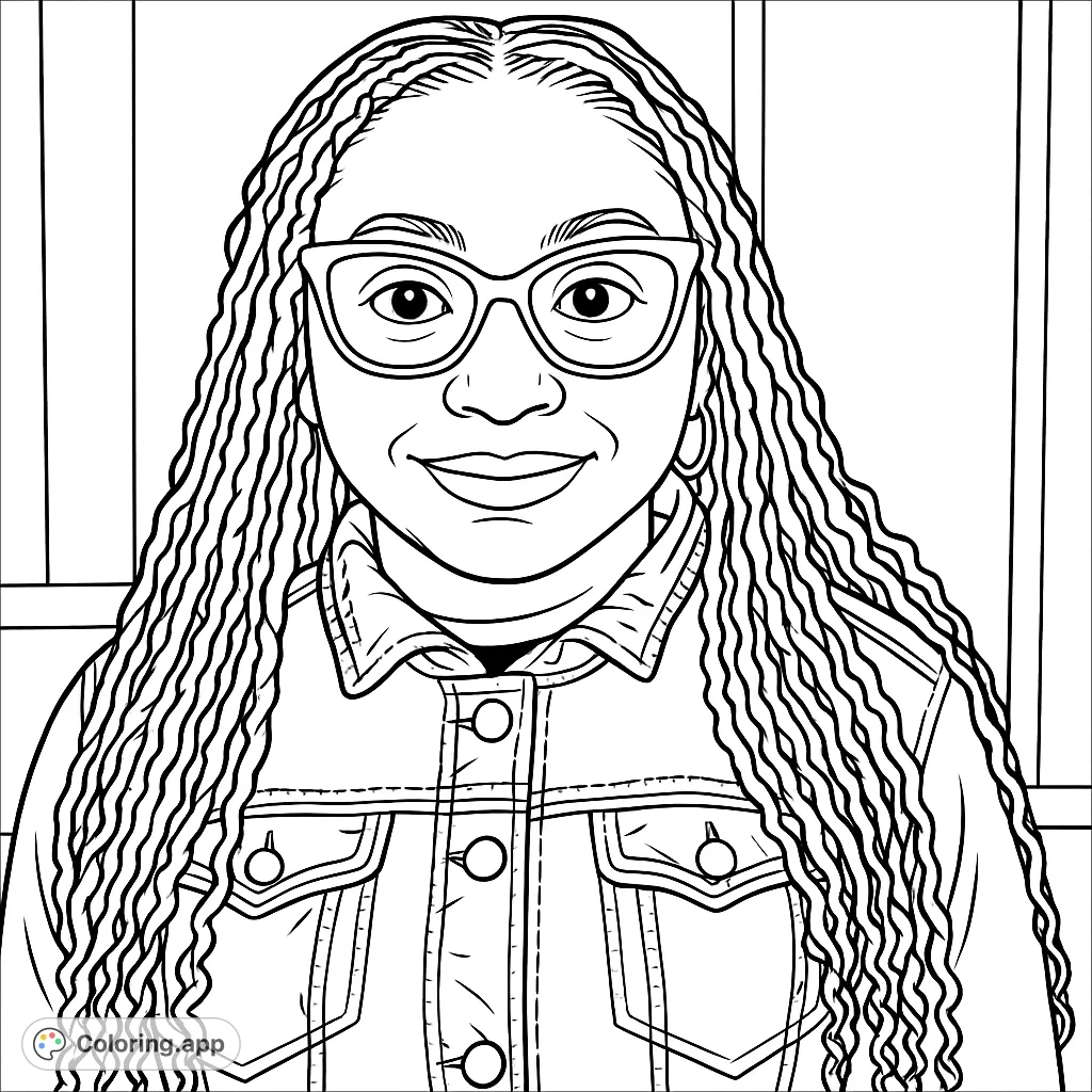 A captivating portrait featuring a person with long braided hair, distinctive glasses, and a textured denim jacket. Perfect for personalizing with your favorite shades.
