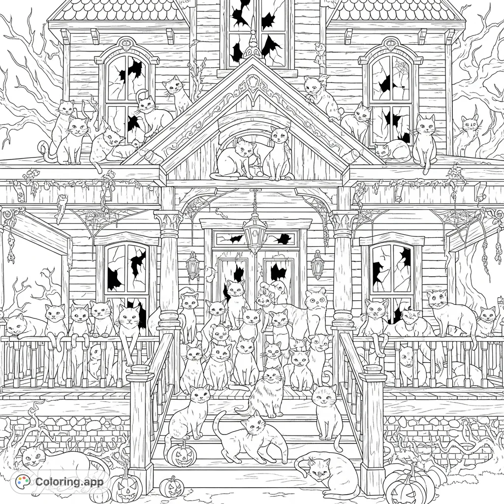 Explore a spooky haunted house porch teeming with 31 unique cats, from playful kittens to mysterious felines, perfect for a detailed coloring adventure.