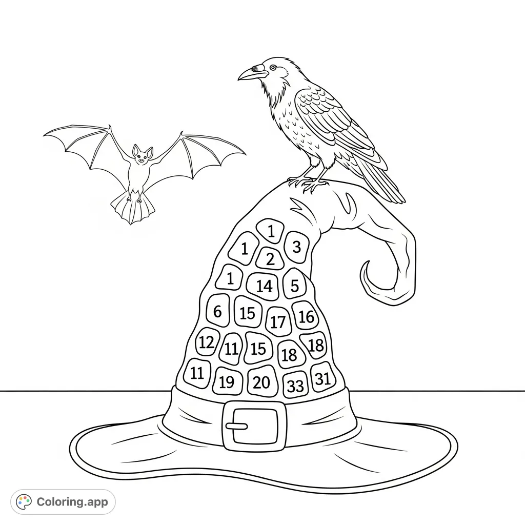 A detailed witches hat with 31 numbered sections sits on a table, topped by a crow. A bat flies in the background, perfect for a challenging, spooky coloring page.