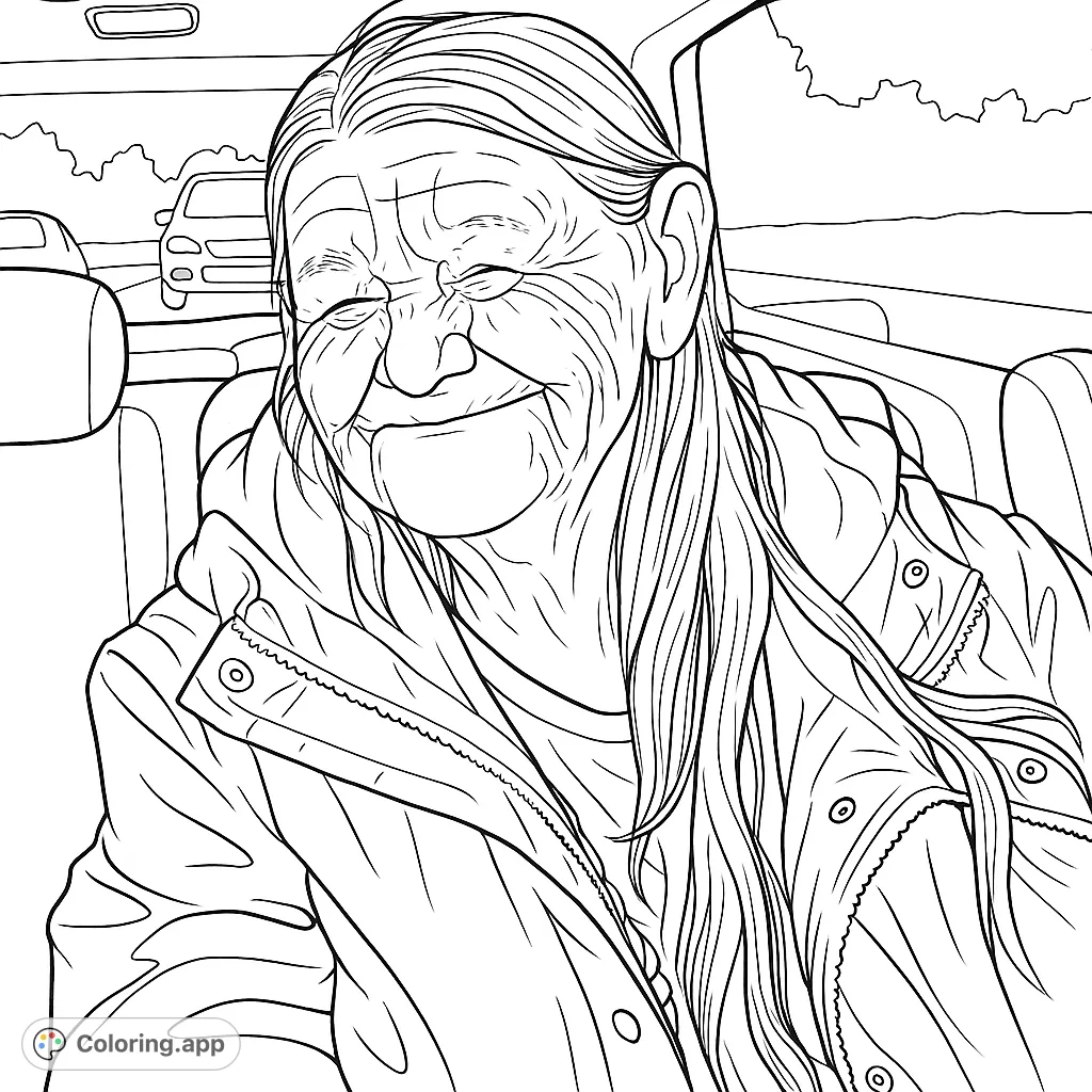Capture the warmth of a smiling elder in a car, with intricate facial details and a cozy jacket. A heartwarming portrait for mindful coloring.