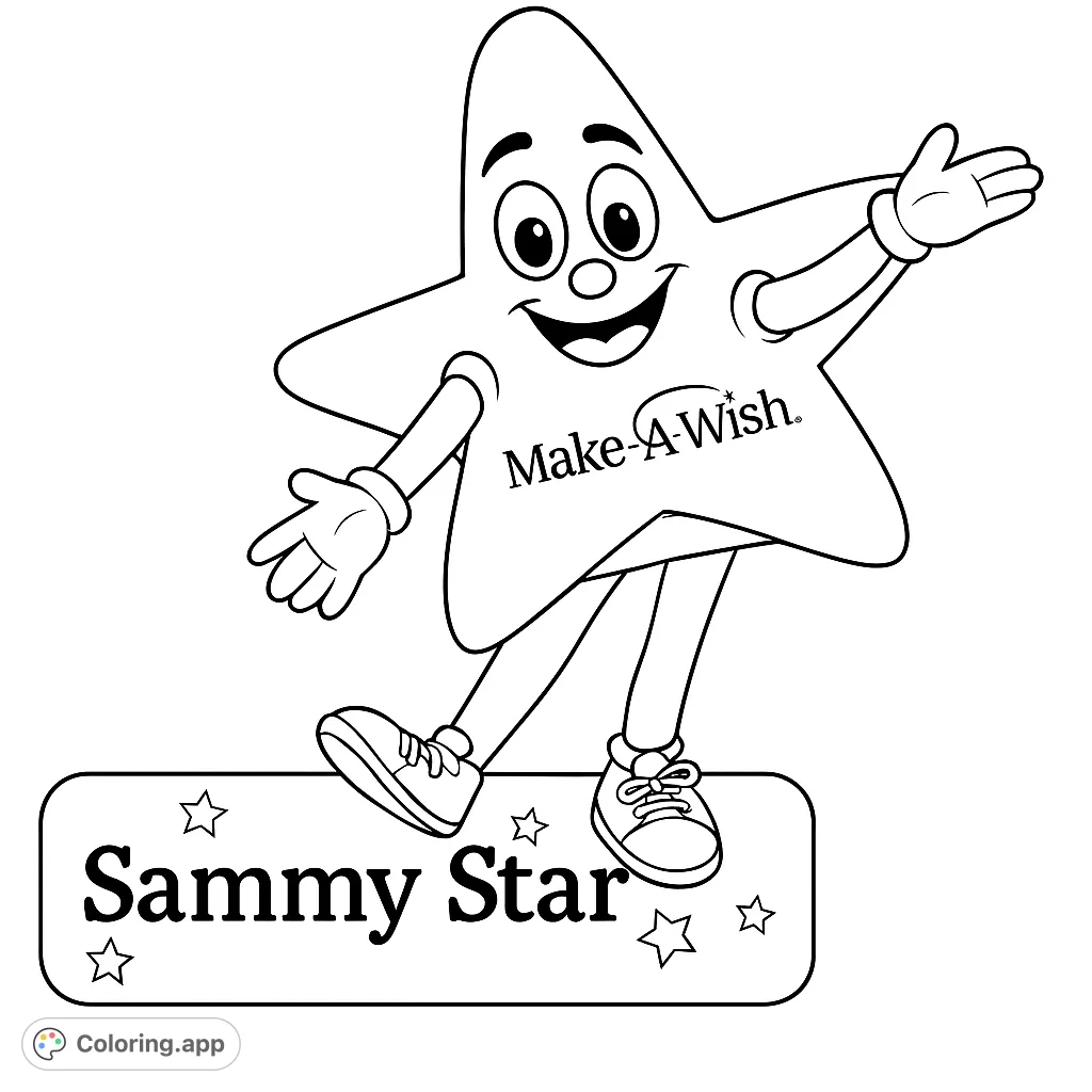 A cheerful star mascot, Sammy Star, strikes a playful pose, ready for adventure. This fun coloring page features a friendly character and a decorative banner.