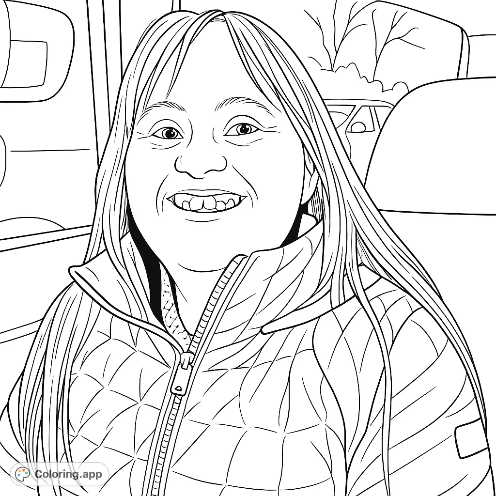 A cheerful individual with long hair, wearing a quilted jacket, smiling broadly while seated in a car. Perfect for a personalized coloring experience.