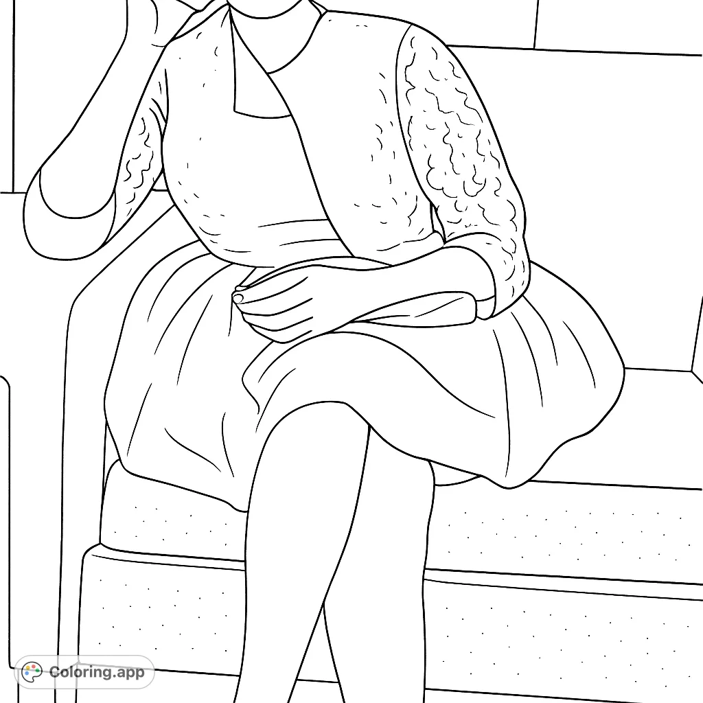 An elegant figure seated on a textured sofa, wearing a stylish dress and holding a clutch. Perfect for fashion and vintage enthusiasts to color.