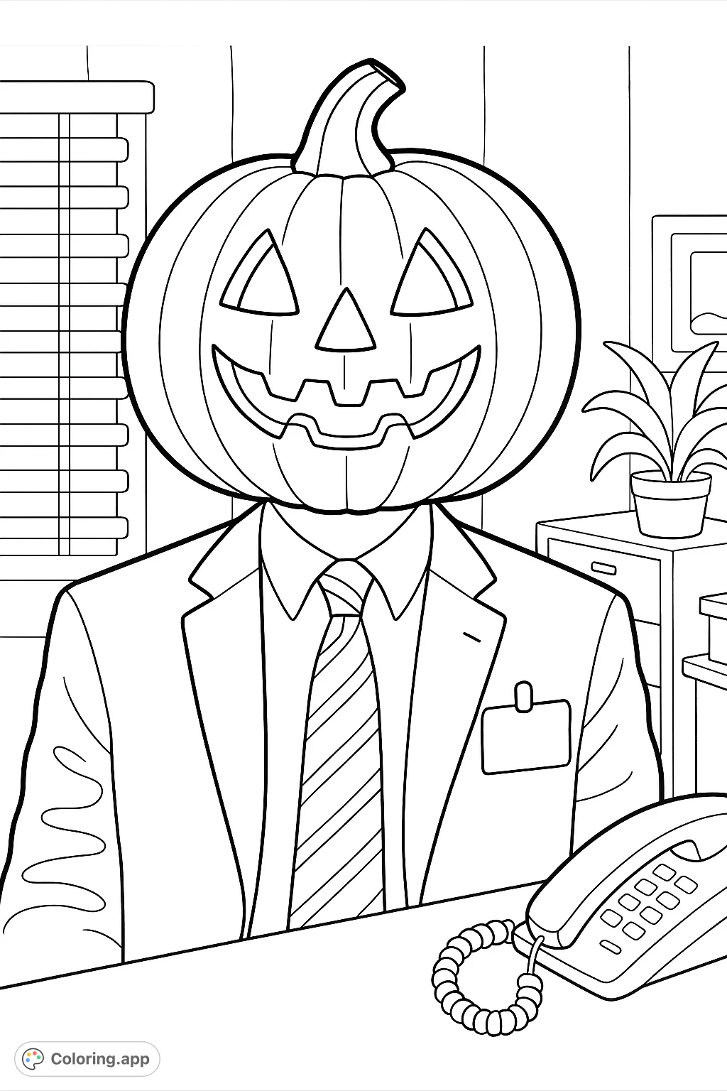A whimsical Halloween office scene featuring a character with a jack-o'-lantern head in a suit, ready for a spooky workday. Perfect for festive coloring fun!