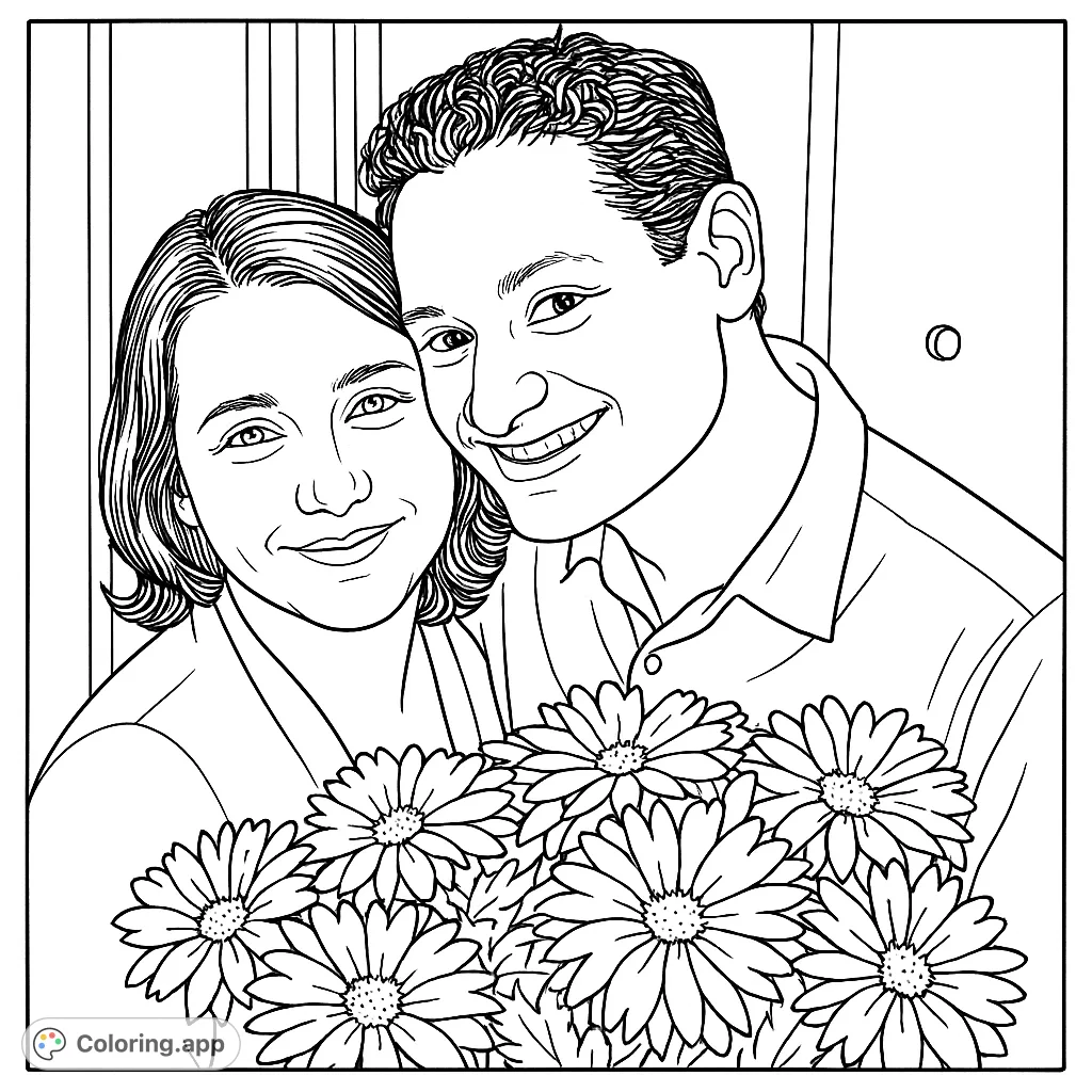 Capture a tender moment with this couple and flower bouquet coloring page. Perfect for expressing affection and creativity. A heartwarming scene.