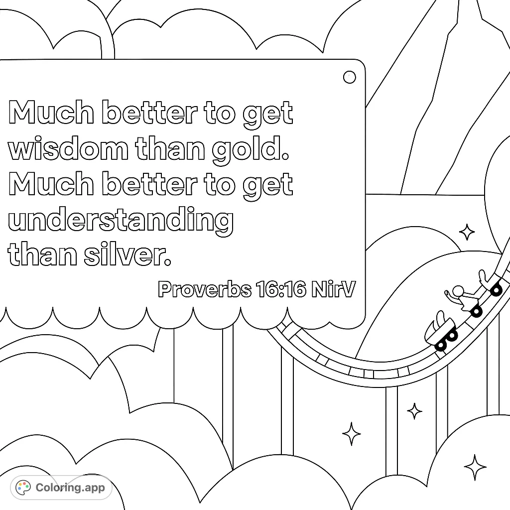 A whimsical scene with a roller coaster, stylized mountains, and clouds, featuring a prominent sign for an inspirational message.