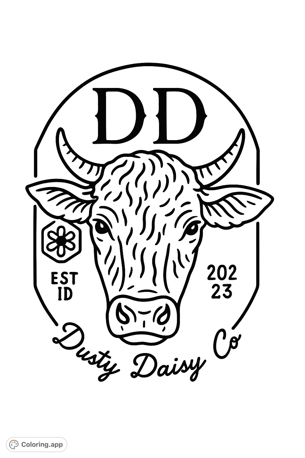 A charming rustic cow emblem coloring page, featuring a detailed cow head, decorative ear tag, and vintage-style text within a unique frame. Perfect for farm animal enthusiasts.