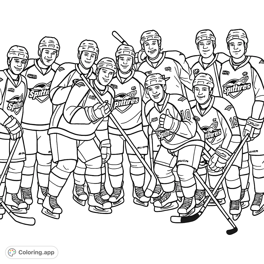 A dynamic hockey team coloring page featuring ten players in full gear, ready for action. Perfect for sports fans to customize their favorite team!