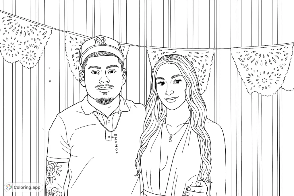Capture a moment with this couple, featuring a man in a cap and a woman with flowing hair, set against a backdrop of decorative banners. Perfect for personalizing.