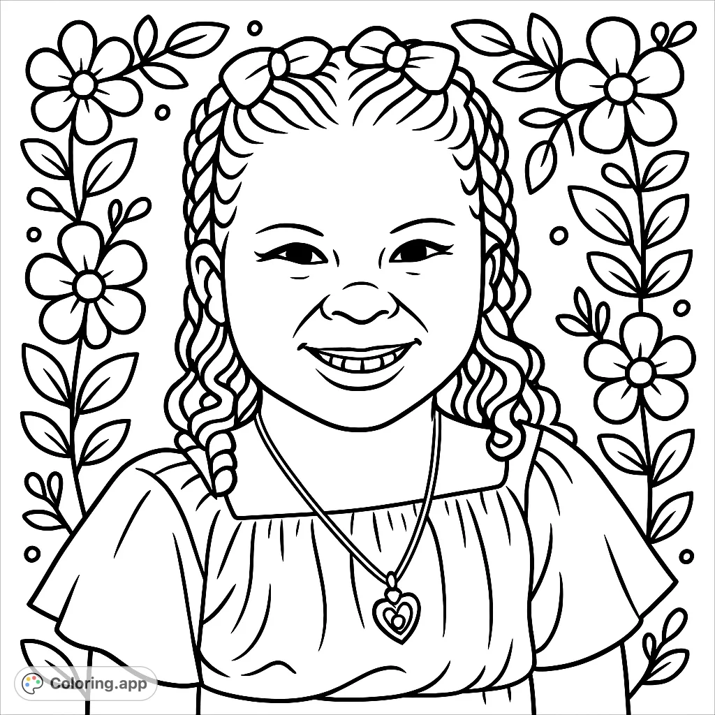 A delightful coloring page featuring a cheerful girl with braided hair, a cute bow, and a charming smile. Perfect for young artists to express their creativity.