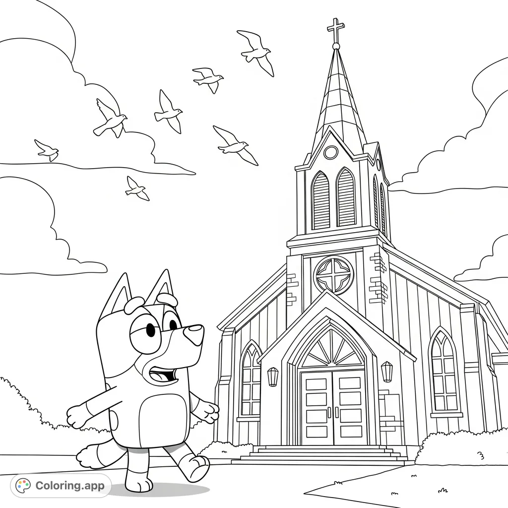 Join Bluey, the beloved cartoon dog, as she cheerfully approaches a stately church building with a steeple and flying birds. A delightful scene for all ages.