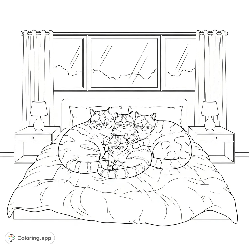 Three plump cats cuddle together on a soft, fluffy comforter in a serene bedroom with nightstands and a large window. A perfect cozy coloring page.