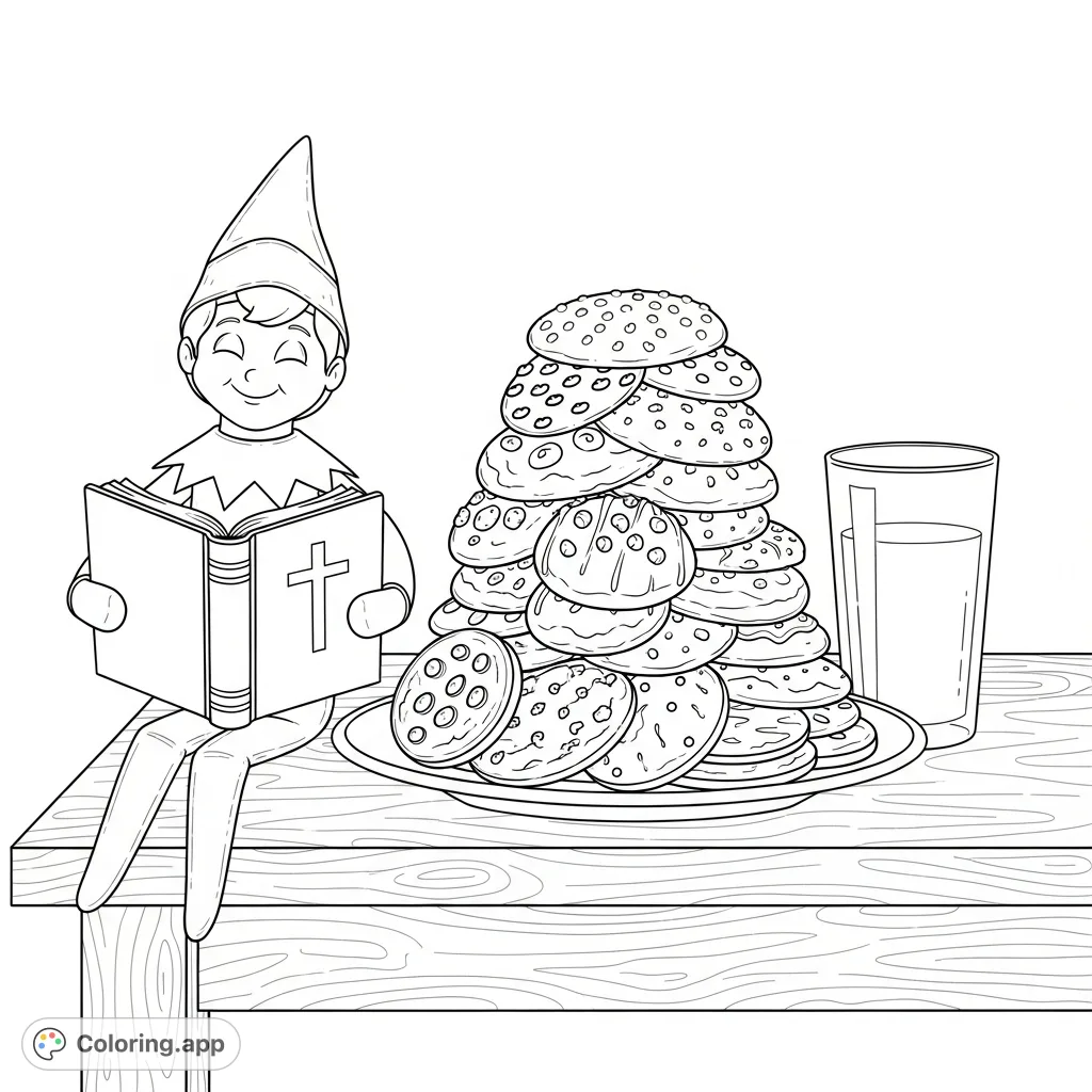 An adorable Elf on the Shelf sits on a kitchen table, happily reading a bible with a cross, next to a large plate of cookies and a glass of milk.