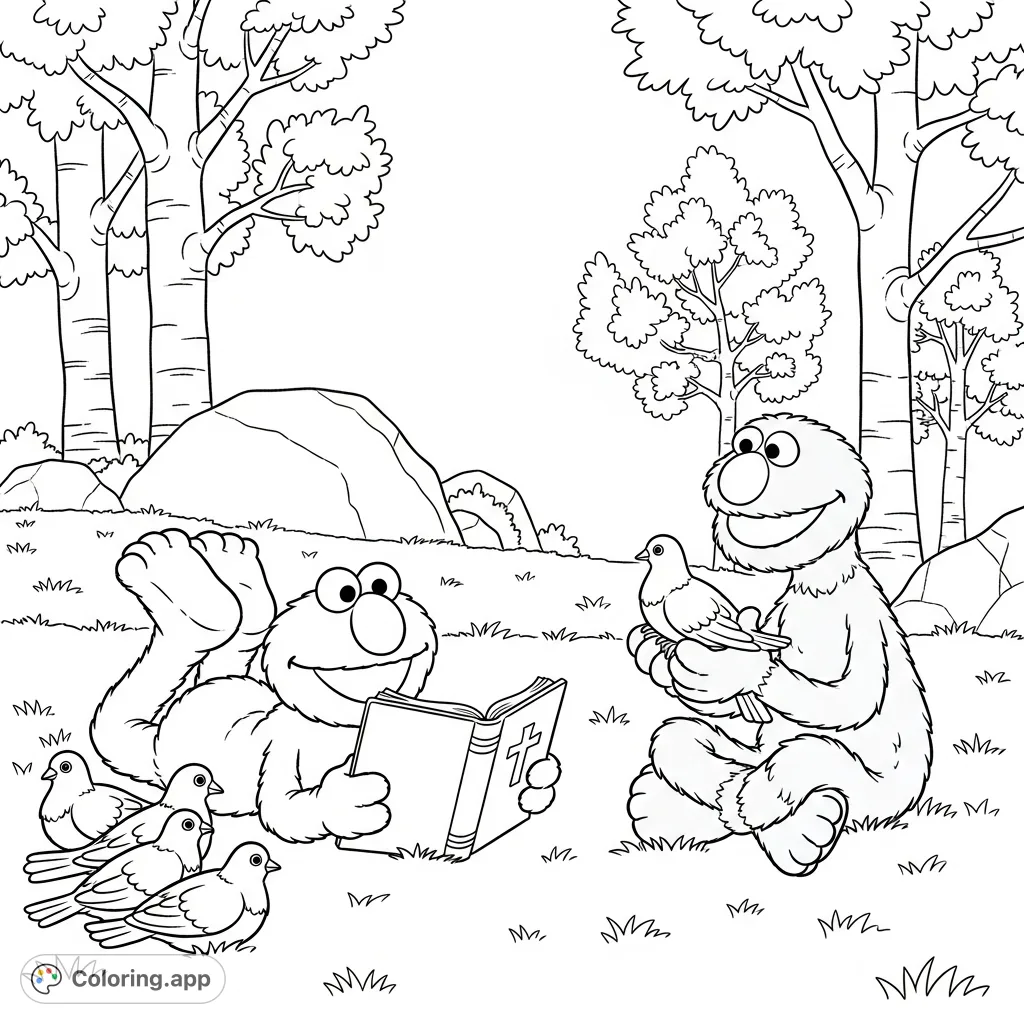 A heartwarming Elmo and Grover coloring page featuring the beloved characters reading a bible and holding doves in a peaceful outdoor setting.