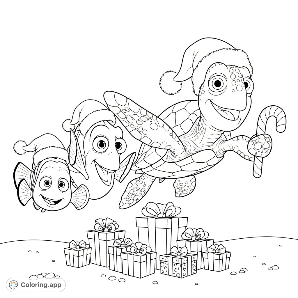 Nemo, Dory, and Crush celebrate Christmas underwater, donning Santa hats, with gifts and a candy cane. A festive ocean scene for all ages.