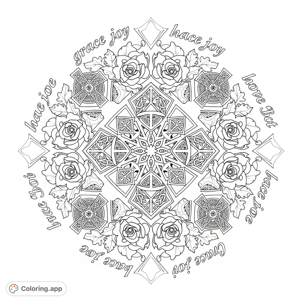 An intricate, rounded mandala featuring repeating roses, oak leaves, Celtic crosses, diamonds, and the words "grace, peace, joy, love, Christ" in elegant script.