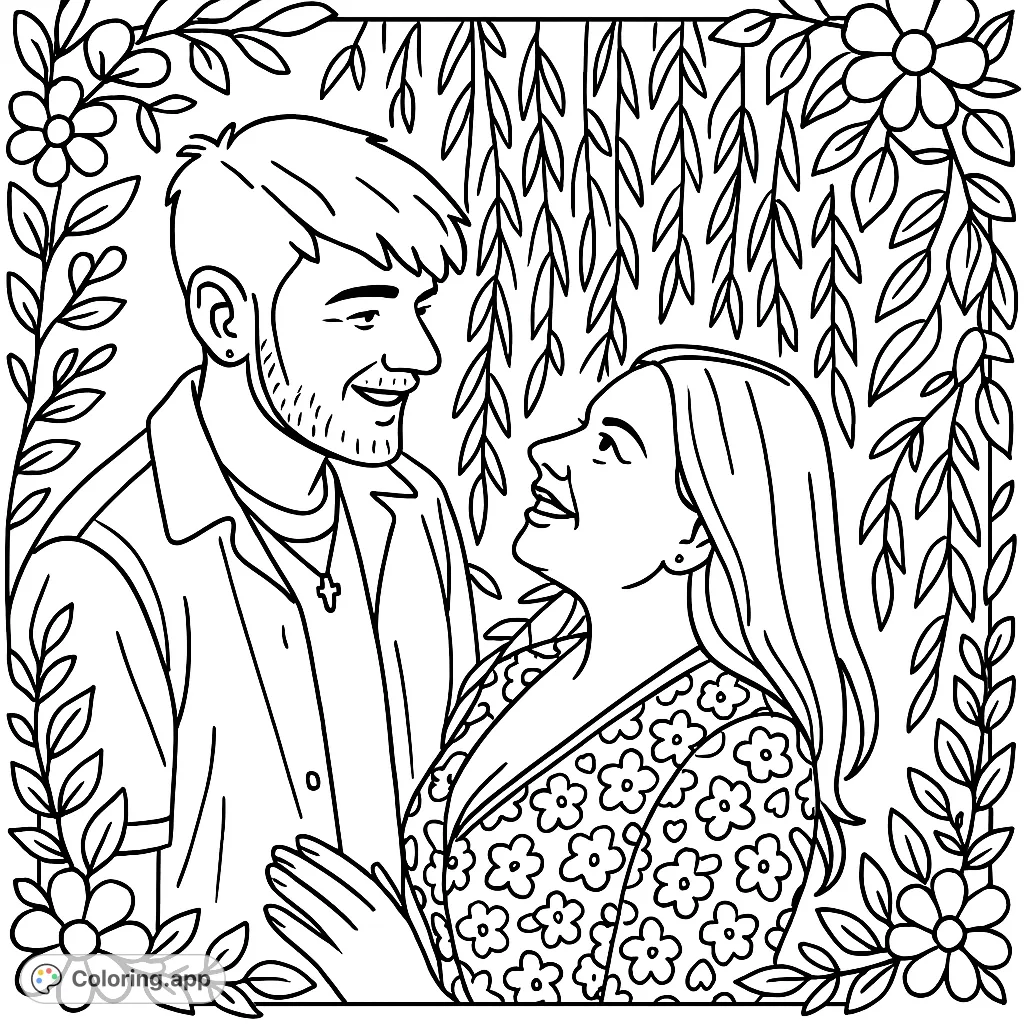 Capture the joy of a wedding with this romantic couple coloring page. Features a loving pair surrounded by nature, perfect for celebrating love and special moments.