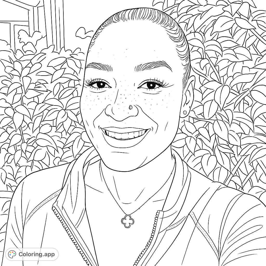 A delightful coloring page featuring a smiling woman with a distinctive clover necklace and nose piercing, set against a soft botanical background. Perfect for creative expression.