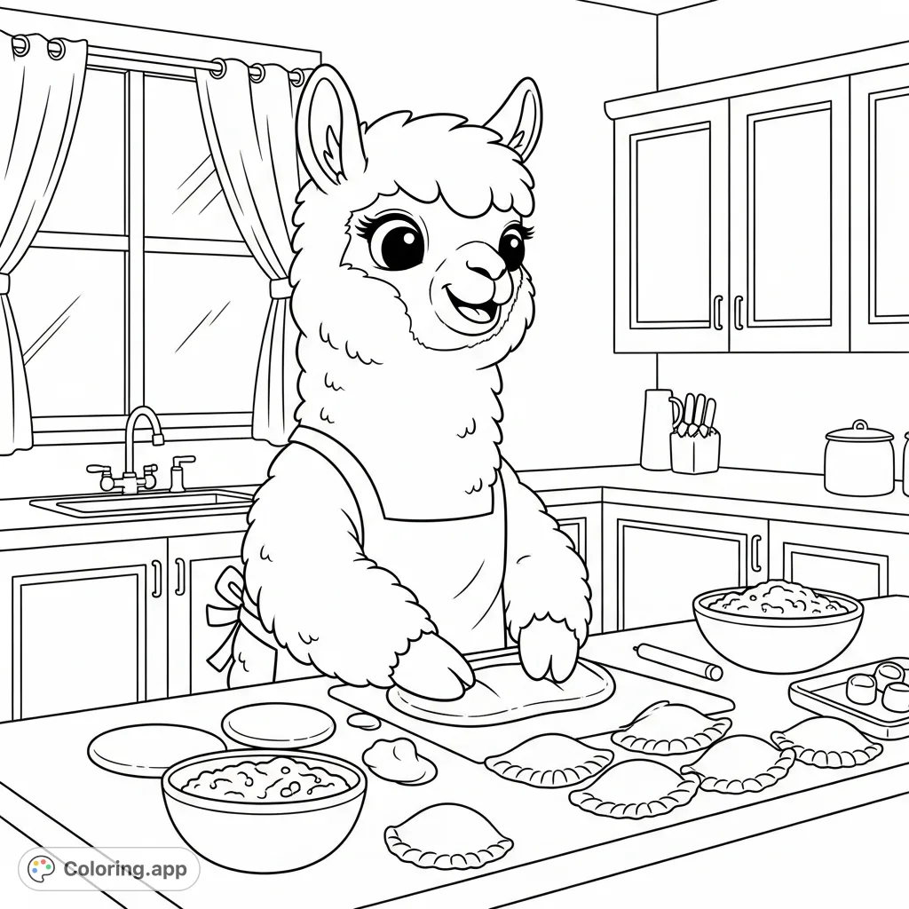 A delightful alpaca chef in a cozy kitchen, expertly preparing tasty empanadas. This charming scene is perfect for a fun alpaca coloring page adventure!