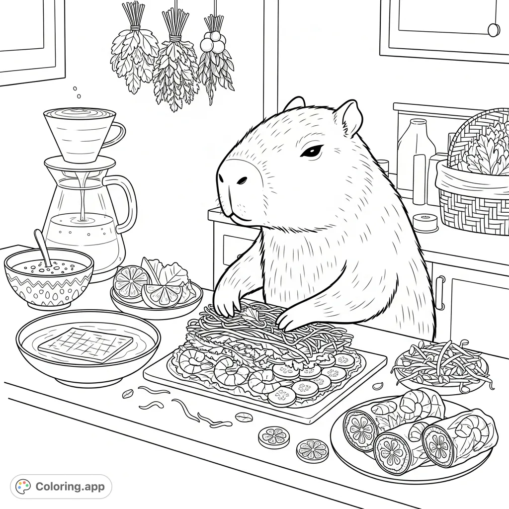 Spring Capybara Printable Capybara Spring Roll Kitchen - Coloring.app