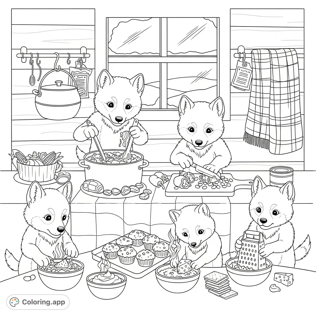 Four kawaii wolf puppies gather in a charming winter cabin, busily preparing a hearty pot of chili with muffins, set against a snowy window.
