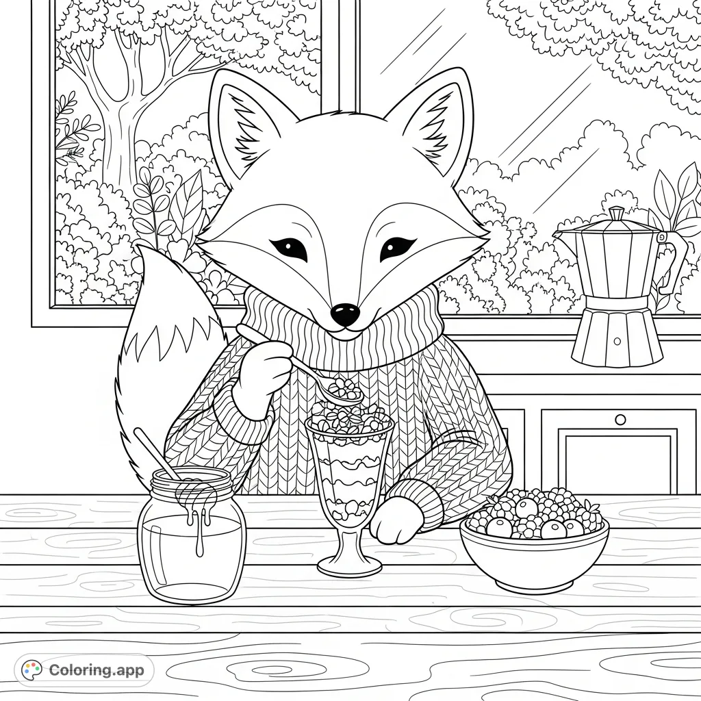 A charming kawaii fox in a sweater enjoys a peaceful breakfast, preparing a granola parfait at a table laden with honey and berries, overlooking a tranquil garden.