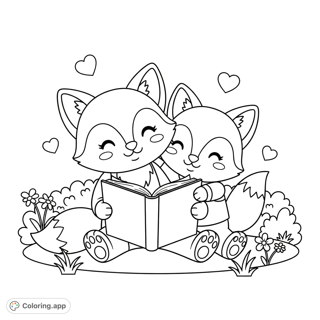 A heartwarming kawaii fox siblings coloring page featuring an older sister reading a storybook to her younger brother amidst flowers and floating hearts. Perfect for gentle coloring.