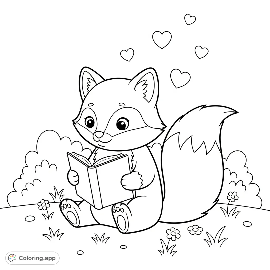 A charming kawaii fox with a fluffy tail, engrossed in a book, surrounded by simple flowers and floating hearts. A delightful scene for peaceful coloring.