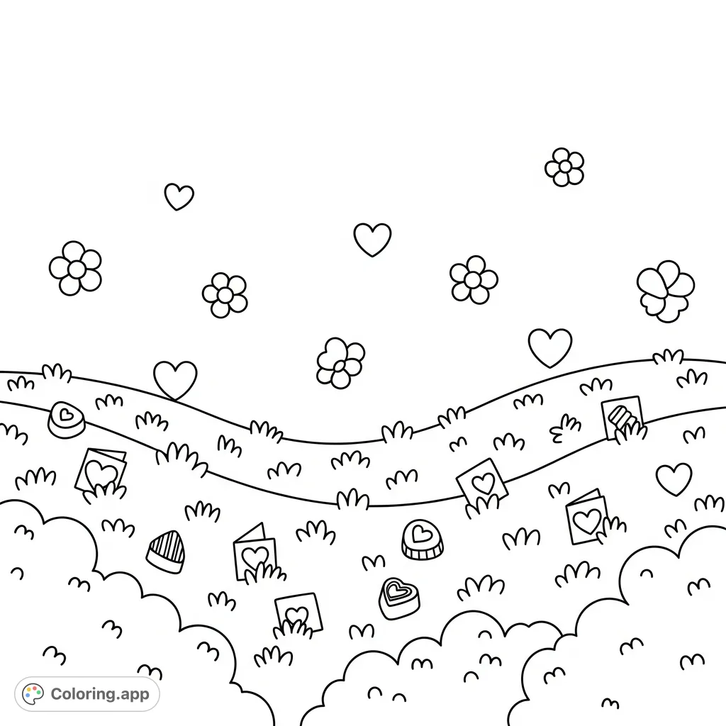 A delightful kawaii-style scene featuring floating hearts, flowers, soft bushes, and charming heart-shaped chocolates and valentine cards on a grassy ground.