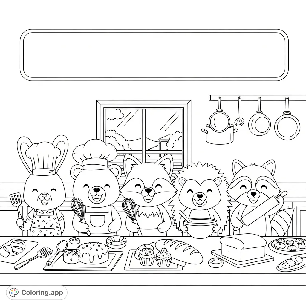Join five happy kawaii animals – bunny, bear, fox, hedgehog, and raccoon – as they cook in a charming kitchen scene with utensils and baked goods.