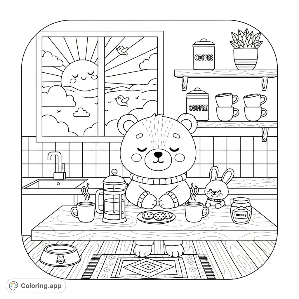 A charming kawaii kitchen scene featuring a sleepy bear, a small animal, and morning delights. Perfect for a cozy coloring adventure!