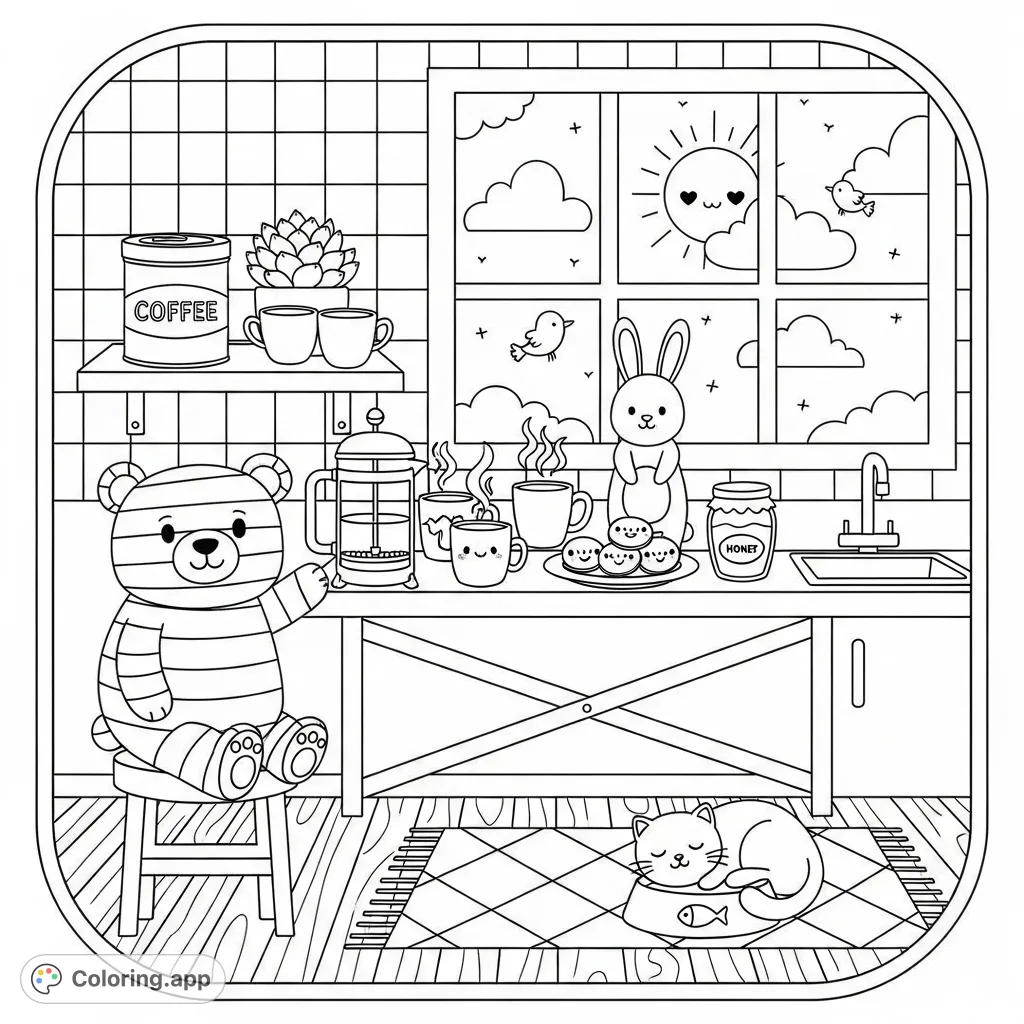 A charming Kawaii kitchen coloring page featuring a cozy scene with a bear, bunny, and cat, surrounded by delightful details like a French press and happy cookies.