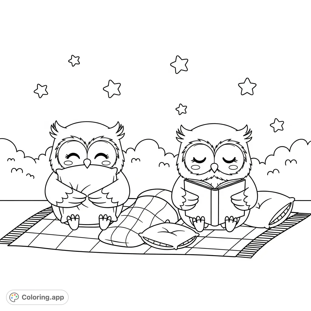 Discover a charming kawaii owls coloring page. Two adorable owls enjoy a cozy night: one hugs a pillow, the other reads a book, all on a soft blanket.