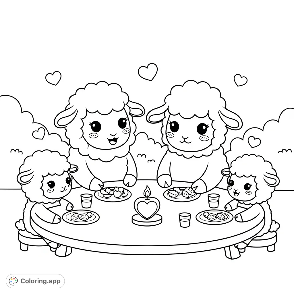 An adorable kawaii sheep family, mom, dad, and two kids, gather around a table with a heart candle, food, and floating hearts. A heartwarming scene.