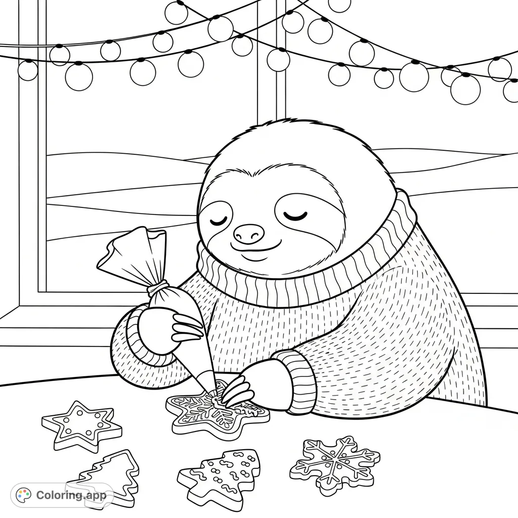 A charming kawaii sloth in a cozy sweater meticulously decorates festive gingerbread cookies at a table, with a snowy window and string lights creating a heartwarming scene.