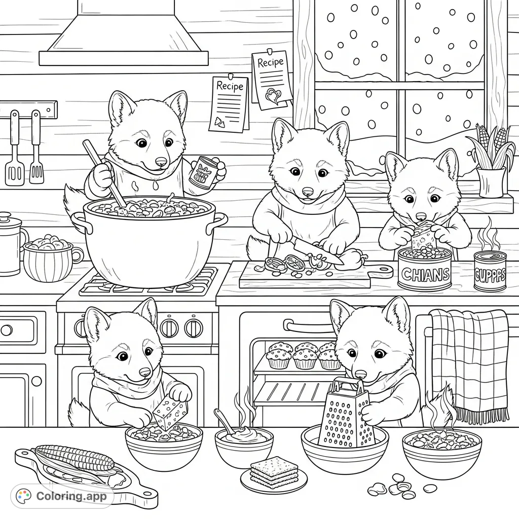 Four adorable wolf puppies prepare a delicious chili meal in a charming, snowy winter cabin. A delightful scene for a cozy coloring experience.