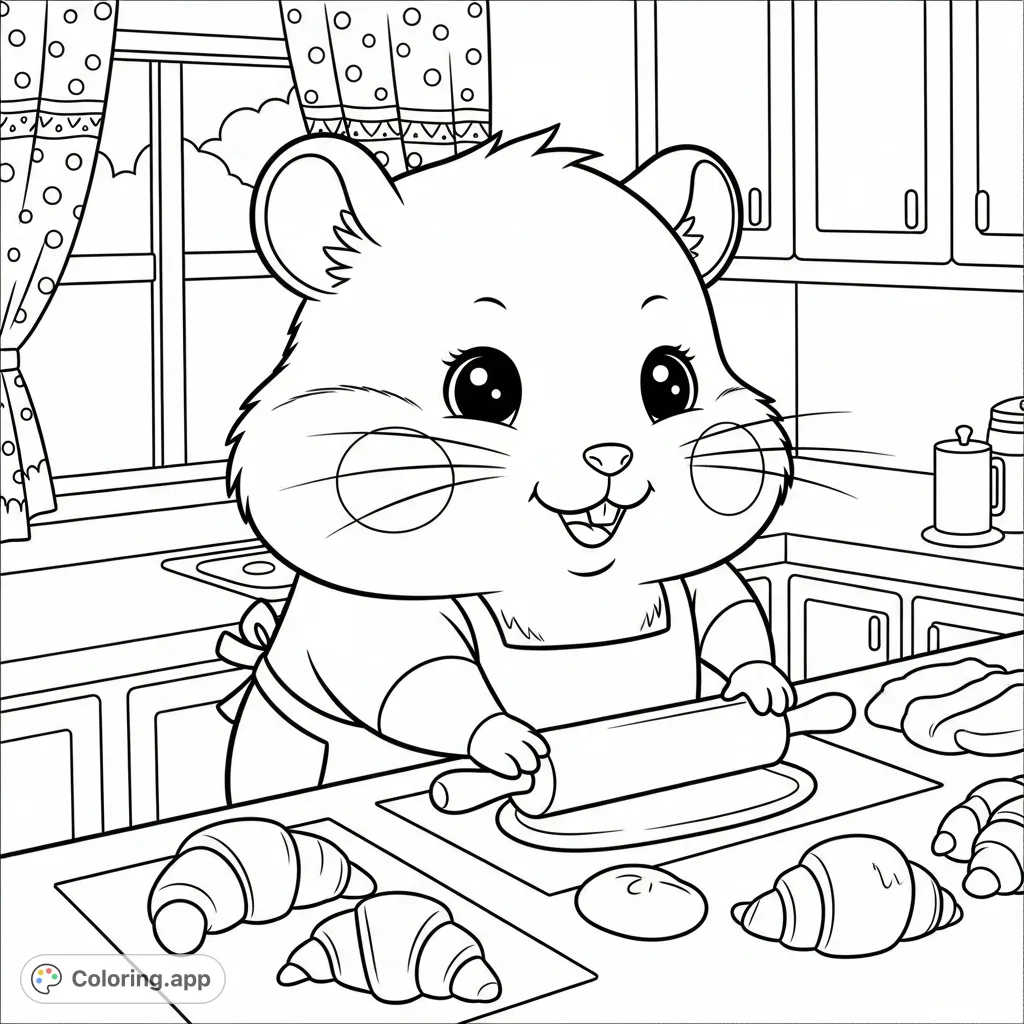 An adorable kawaii hamster bakes delicious croissants in a cozy kitchen scene. A charming free printable coloring page featuring baking fun for all ages.