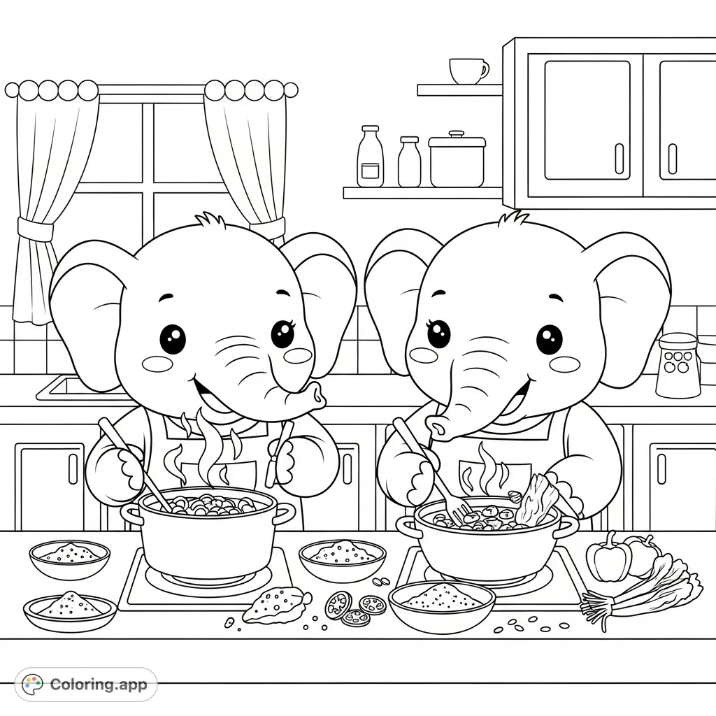 A delightful kawaii-style coloring page featuring two anthropomorphic elephants happily preparing curry in a cozy kitchen setting. Perfect for creative fun!