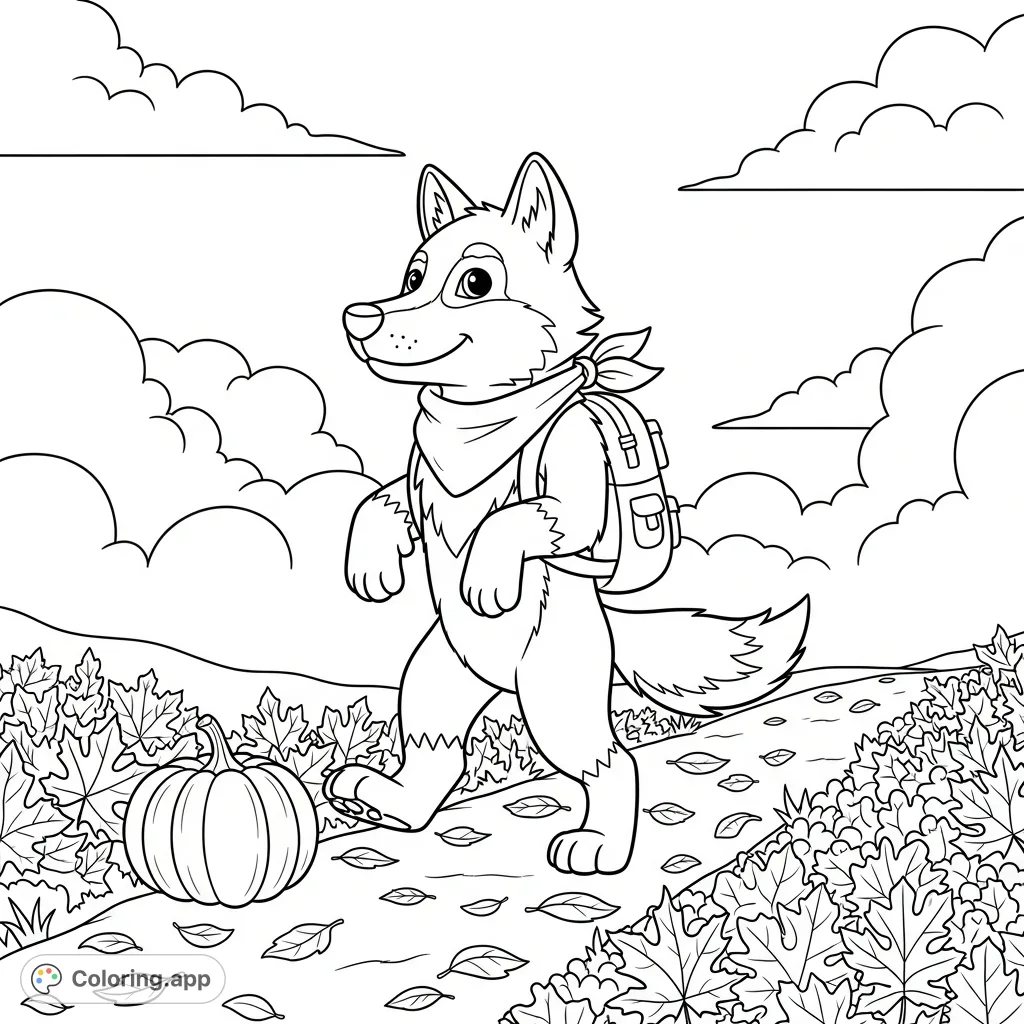 A charming kawaii wolf, adorned with a bandana and pack, enjoys an autumn walk amidst fallen leaves and a friendly pumpkin. Perfect for a cozy coloring escape.