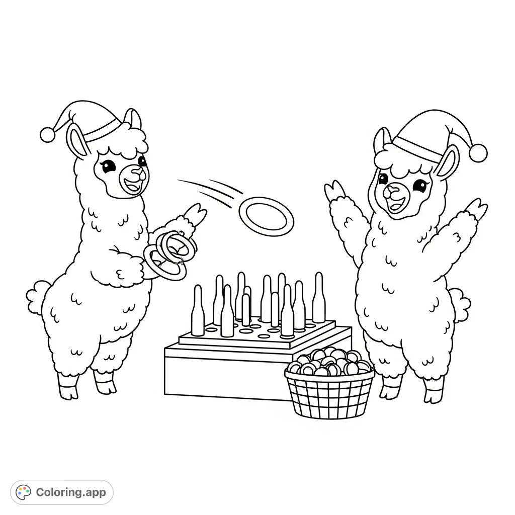 Two happy kawaii alpacas play ring toss at a festive carnival, complete with fun hats and a prize basket, offering a cheerful and engaging coloring experience.