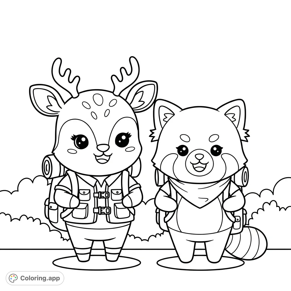 Discover a charming hiking adventure with a cute deer and a cheerful red panda. Perfect for young artists to bring vibrant colors to life!