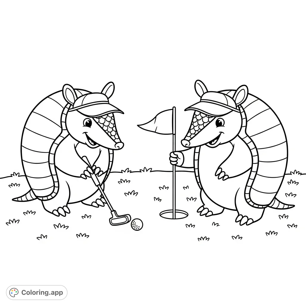 Discover a charming kawaii armadillos mini golf coloring page. Two delightful armadillos with visors play on a grassy course, one putting, one holding the flag.