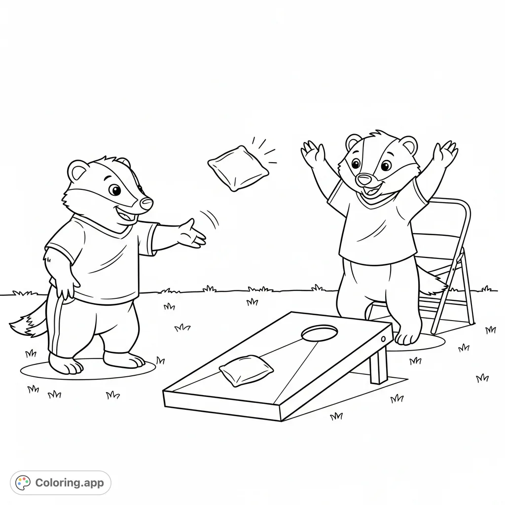 A delightful kawaii badgers coloring page featuring two cheerful badgers playing cornhole in a backyard, perfect for a relaxing and creative escape.
