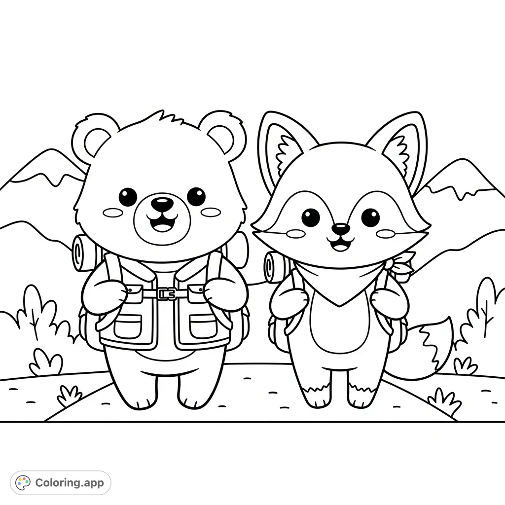 Explore the mountain trail with a friendly bear and a cute fox in this adorable kawaii-style hiking adventure. Perfect for young colorists!