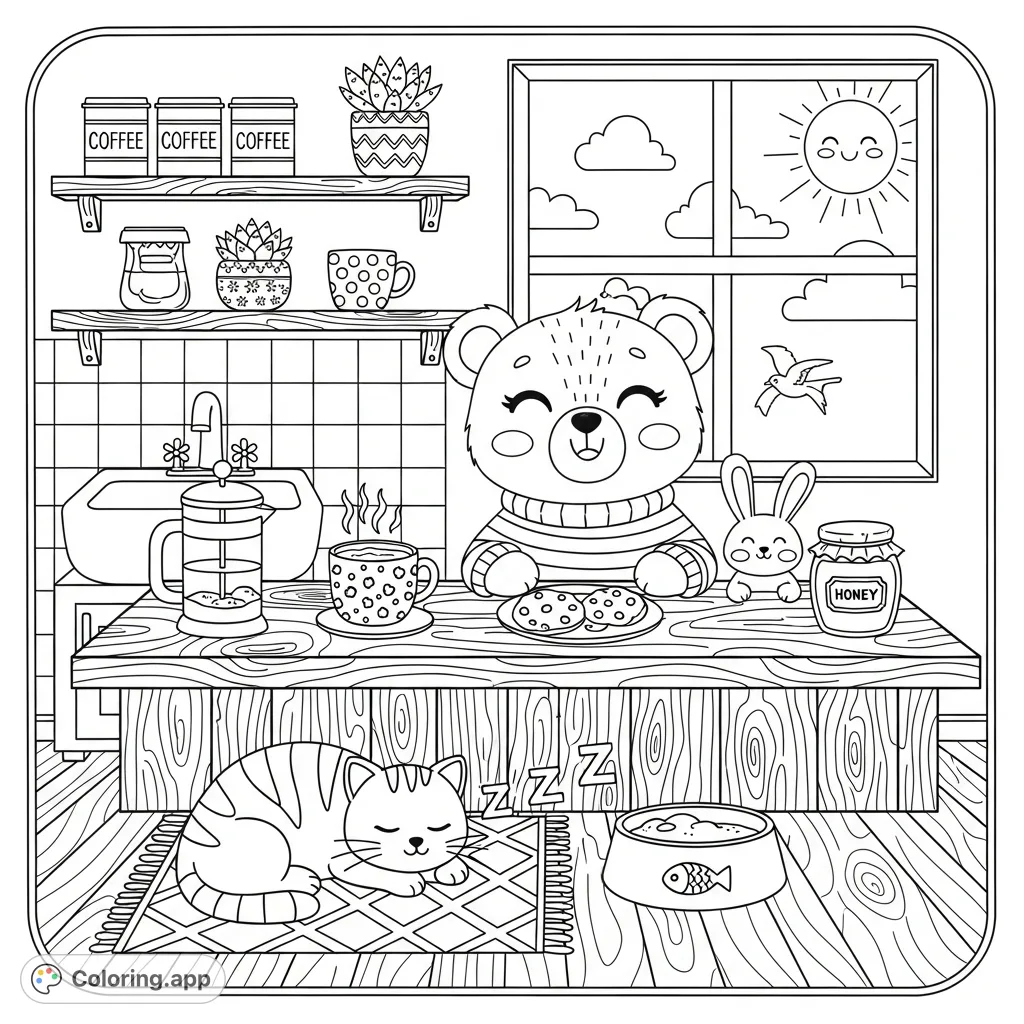 A heartwarming kawaii bear enjoys morning coffee with a bunny friend in a cozy kitchen, filled with charming details, textures, and a sleeping cat.